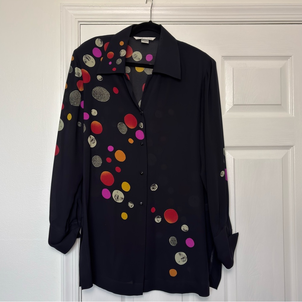 EUC Peter Nygard Black Silk Button Down Shirt with Vibrant Dots